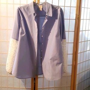 Blue/White Thin Pin-Striped Lace Sleeved Shirt